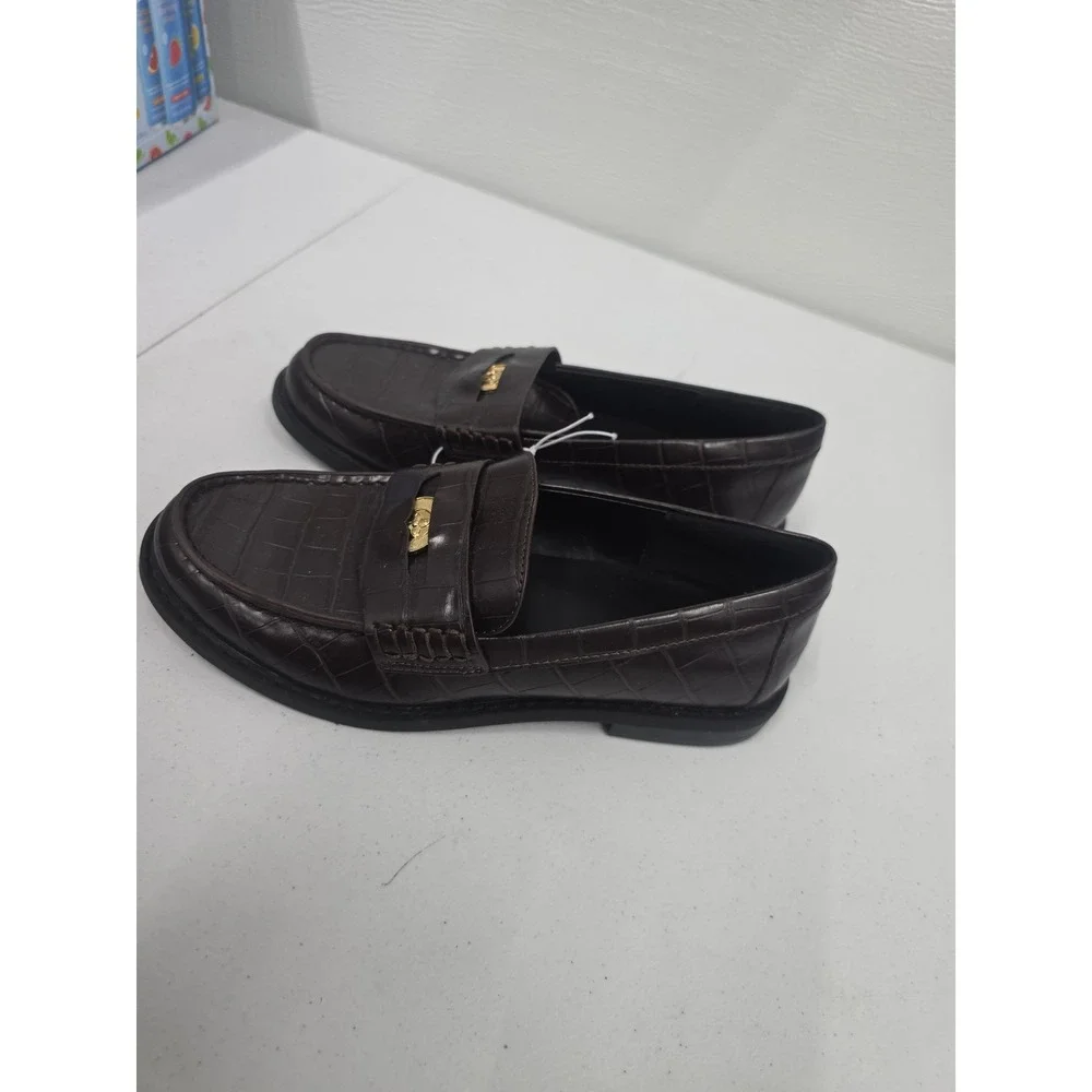 A New Day Womens Brown Croc Embossed Penny Loafers Gold Hardware Size 7 NEW